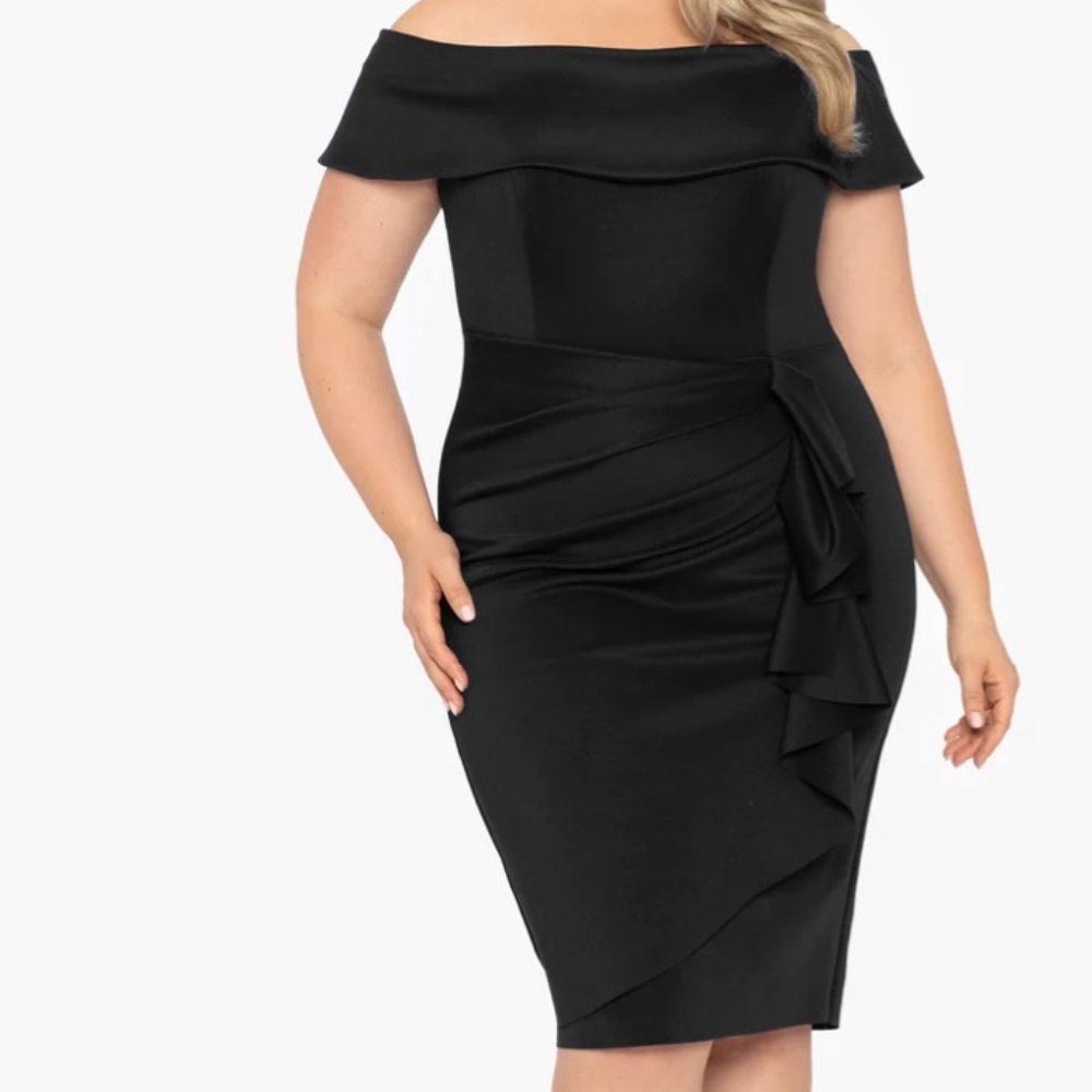 "VANESSA" SHORT OFF THE SHOULDER SCUBA CREPE SIDE RUCHED DRESS